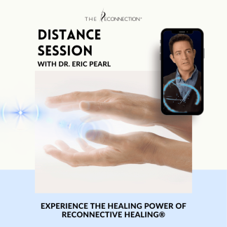 Two hands glow with energy, Dr. Eric Pearl's face is framed inside a smartphone