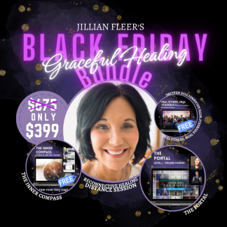 Jillian Fleer surrounded by online courses products offer by The Reconnection